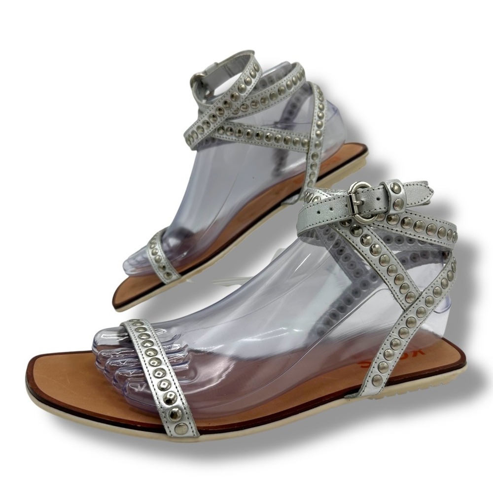 MICHAEL KORS Silver Studded Ankle Strap Flat Sandals Women's‎ Size 9
